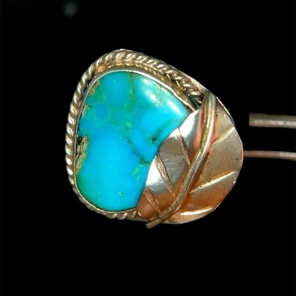 Ladies Antique Silver Turquoise Leaf Ring‎